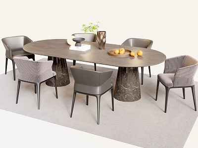 Oval Dining Table Set With Six Chairs Marble Base Vase Fruits And Decorations 3d model