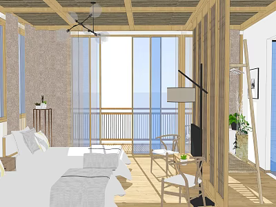 Hotel Guest Room with Comfortable Bed Large Windows Scenic Balcony Wooden Accents and Relaxing Chair 3d model