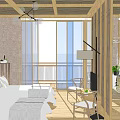 Hotel Guest Room with Comfortable Bed Large Windows Scenic Balcony Wooden Accents and Relaxing Chair