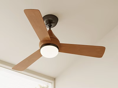 Modern Chandelier with Wooden Blades Black Base and White Light Fixture in Ceiling Interior Design 3d model