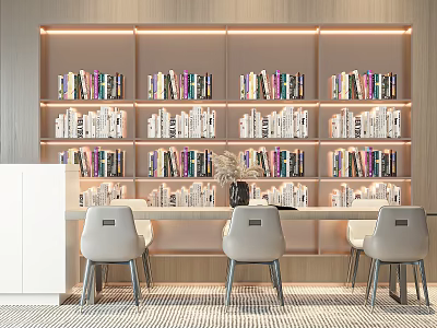 Modern Wall Mounted Bookcase With Layered Shelves LED Lighting And Wooden Table With Chairs 3d model