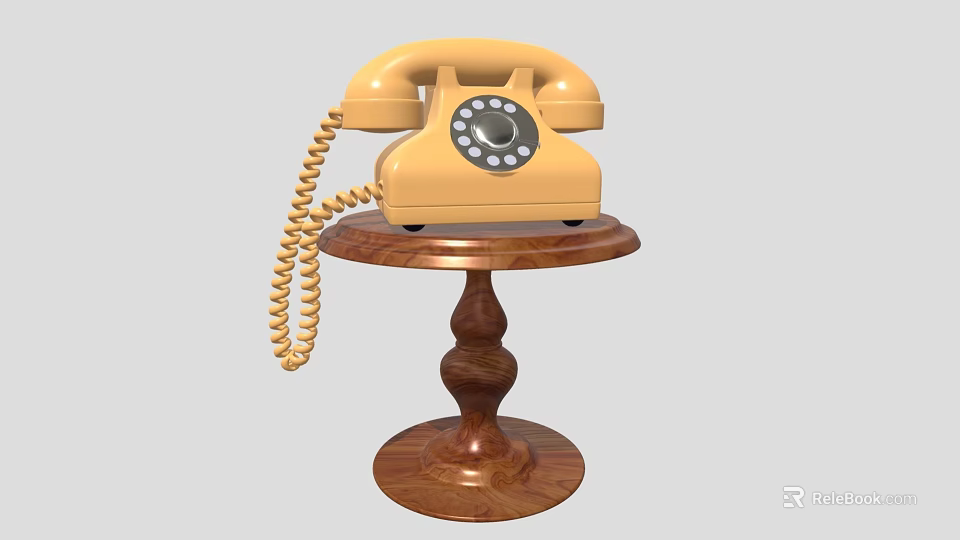 Vintage Yellow Telephone With Coiled Cord On Wooden Stand Retro Design Style 3d model 