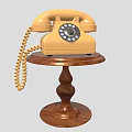 Vintage Yellow Telephone With Coiled Cord On Wooden Stand Retro Design Style