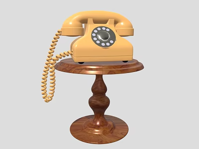 Vintage Yellow Telephone With Coiled Cord On Wooden Stand Retro Design Style 3d model
