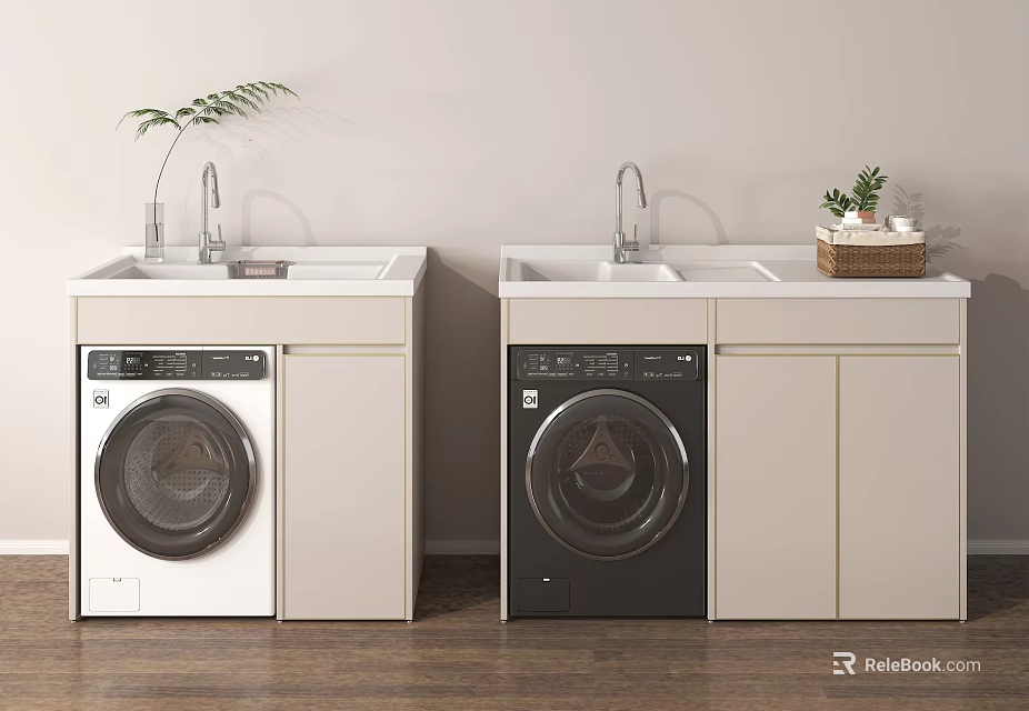 Modern Laundry Area With White Black Washing Machines Sink And Plants 3d model 