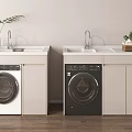 Modern Laundry Area With White Black Washing Machines Sink And Plants