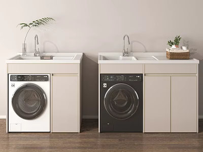 Modern Laundry Area With White Black Washing Machines Sink And Plants 3d model