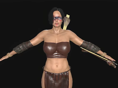 Woman In Brown Leather Top And Skirt With Arm Bracers Bow And Arrows 3d model