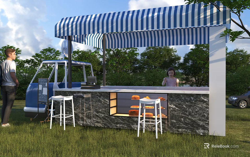 Outdoor Swing Door Bar With Blue White Striped Awning Marble Countertop White Stools Green Grass 3d model 