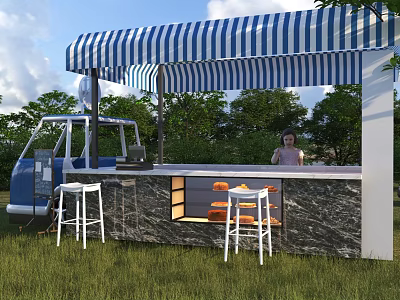 Outdoor Swing Door Bar With Blue White Striped Awning Marble Countertop White Stools Green Grass 3d model