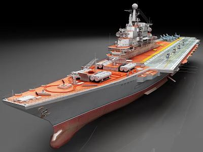 Military Aircraft Carrier With Orange Flight Deck And Fighter Jets 3d model