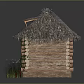 Log Cabin With Thatch Roof Log Walls Small Window Open Door Grass And Wooden Stool