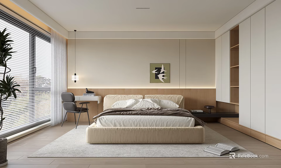 Modern Minimalist Bedroom Interior With Upholstered Bed Wall Art Window Blinds And Desk Chair 3d model 