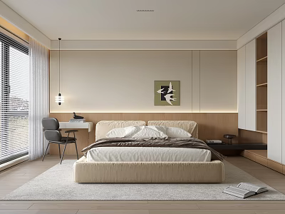 Modern Minimalist Bedroom Interior With Upholstered Bed Wall Art Window Blinds And Desk Chair 3d model
