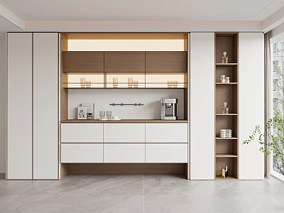 Modern Kitchen Sideboard With White Cabinets Wooden Countertop And Storage Shelves 3d model