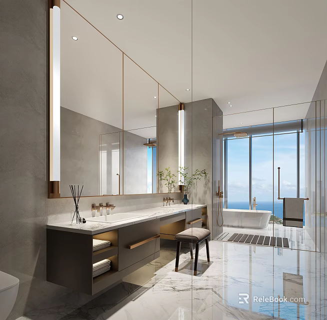 Modern Luxury Bathroom With Marble Vanity Freestanding Tub And Stunning Panoramic Sea View Large Window 3d model 