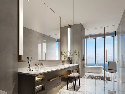 Modern Luxury Bathroom With Marble Vanity Freestanding Tub And Stunning Panoramic Sea View Large Window 3d model
