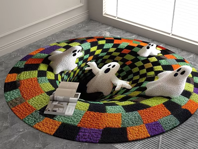 Round Rug With Colorful Checkered Pattern And White Ghost Plush Toys For Living Room Decor 3d model