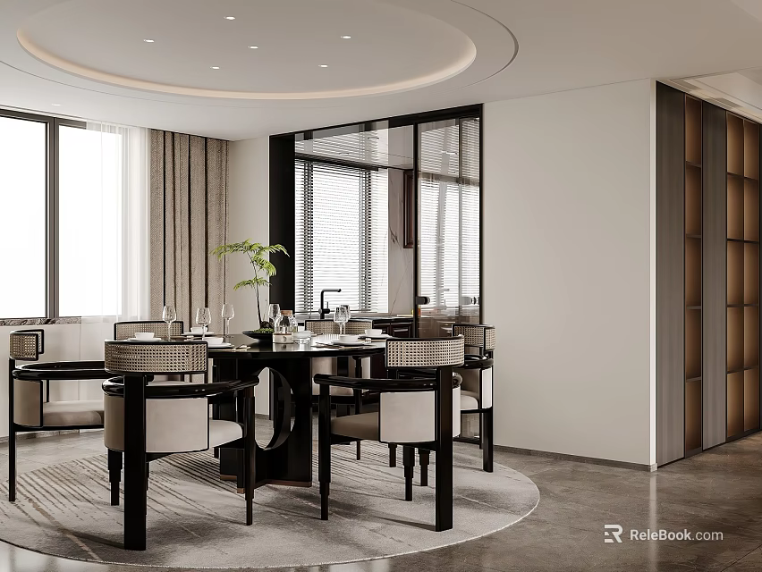 Modern Restaurant Dining Area With Round Table Comfortable Chairs Pendant Lights And Large Windows 3d model