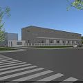 Modern Industrial Factory Building Exterior With Steel Structure Large Windows Road And Green Trees