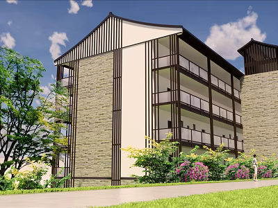 Modern Multi Storey Hotel Building With Balconies Stone Exterior And Lush Greenery 3d model