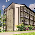 Modern Multi Storey Hotel Building With Balconies Stone Exterior And Lush Greenery