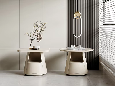 Minimalist Beige Bedside Tables With Round Top Decorative Plant And Ring Wall Lamp 3d model