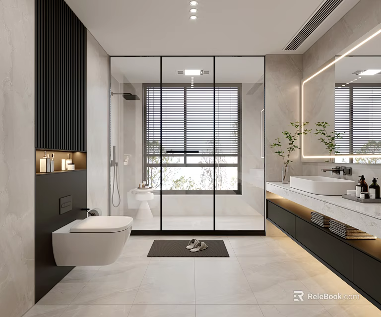 Modern Bathroom Design Featuring Glass Enclosure Double Vanities And Plants 3d model