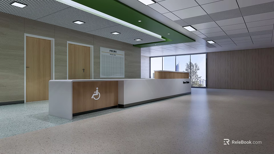 Modern Reception Area With Wheelchair Accessible Desk Green Ceiling Trim And Large Windows 3d model 
