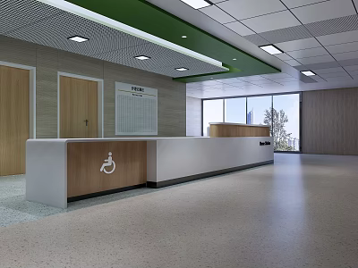 Modern Reception Area With Wheelchair Accessible Desk Green Ceiling Trim And Large Windows 3d model