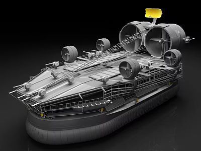 Gray Sci Fi Hovercraft Model Featuring Large Circular Fans Yellow Top Metal Frame And Wheels 3d model