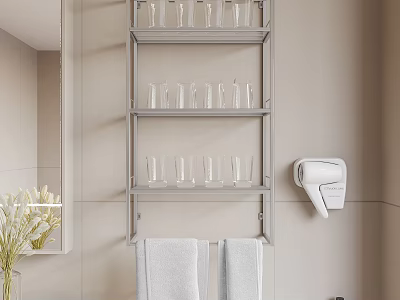 Stylish Bathroom Space With Metal Shelf Glass Cups Hair Dryer And Gray Towels 3d model
