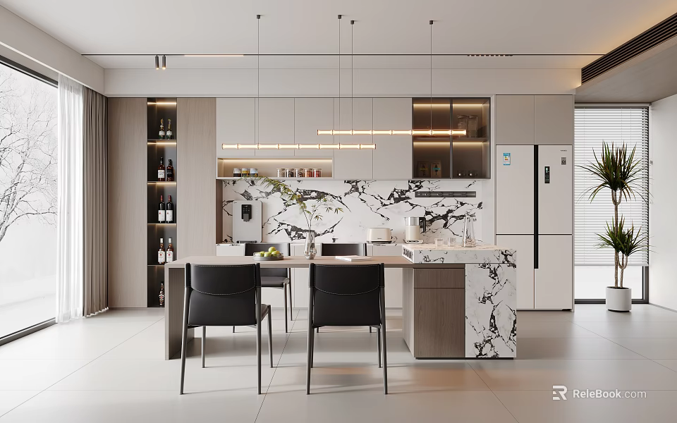 Modern Open Kitchen Interior Design With Marble Island Counter Cabinets And Hanging Lights 3d model 