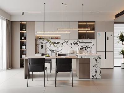 Modern Open Kitchen Interior Design With Marble Island Counter Cabinets And Hanging Lights 3d model