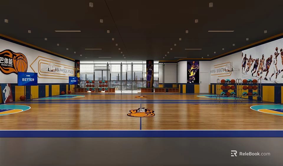Spacious Basketball Gym Featuring Wooden Floor Wall Posters And Bright Lighting 3d model 