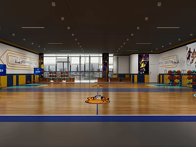 Spacious Basketball Gym Featuring Wooden Floor Wall Posters And Bright Lighting 3d model