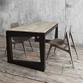 Modern Wooden Dining Table Set With Upholstered Chairs And Concrete Wall On Wooden Floor