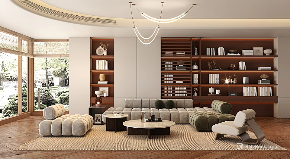 Modern Living Room Interior With Chandelier Large Window Wooden Bookshelves And Light Gray Sofa 3d model 