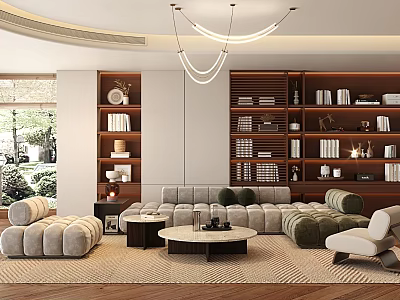 Modern Living Room Interior With Chandelier Large Window Wooden Bookshelves And Light Gray Sofa 3d model
