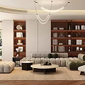 Modern Living Room Interior With Chandelier Large Window Wooden Bookshelves And Light Gray Sofa