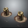 Two Burning Candles With Melted Wax On Elegant Decorative Trays
