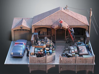 Residential House Repair Work With Workers Tools Ladder Roof And Garage Area 3d model
