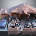 Residential House Repair Work With Workers Tools Ladder Roof And Garage Area