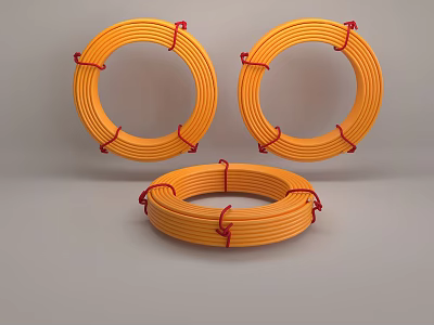 Three Orange Coils Bundled With Red Ropes On Gray Background 3d model