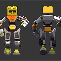 Lego Robot Characters With Yellow Heads And Orange Gray Bodies Front Back Views
