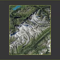 3D Terrain Model Featuring Mountain Range River Lake And Green Vegetation
