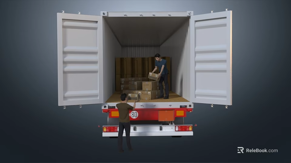 Open Shipping Container With Workers Loading Cartons And Boxes 3d model 