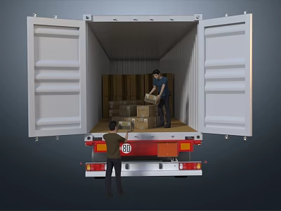 Open Shipping Container With Workers Loading Cartons And Boxes 3d model