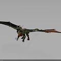3D Mythical Dragon Character With Green Body Red Wings and Horns Standing in Dark Background