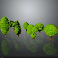 3D Rendered Green Trees with Brown Trunks Different Sizes and Ground Reflections on Gray Background
